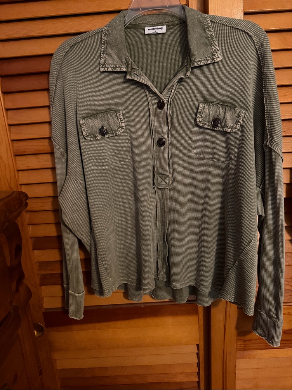 mittoshop Olive Green Waffle-Knit Button Polo Sweater